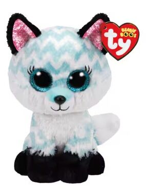 NWT Ty Beanie Boo Atlas Aqua White Chevron Fox Plush Glitter Teddy Bear Kids Toy